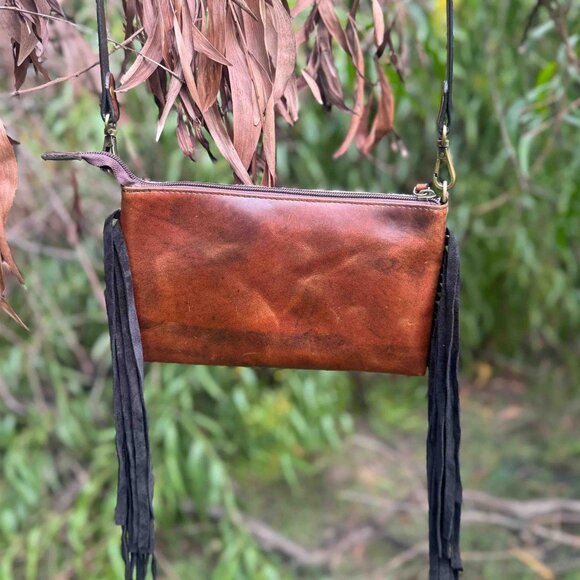 Genuine Leather Hand Tooled Hair-on Women Bag Western Handbag, Fringe Bag - Picture 3 of 7